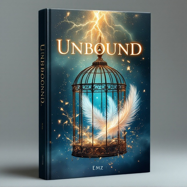 A mystical scene showcasing a birdcage shattered mid-air, with glowing shards of magical energy radiating outward. Within the breaking cage, bright, ethereal feathers float, glowing faintly with a golden or turquoise hue. The background depicts a stormy sky, with streaks of light cutting through the clouds, symbolizing breaking free and immense power. Translucent swirls of magic interweave through the design, adding a sense of movement and fantasy.