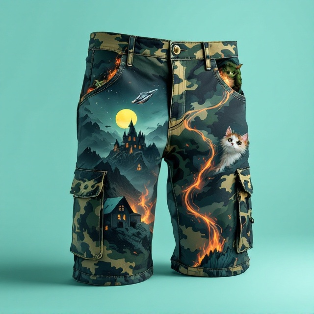 The book cover features an oversized pair of camo cargo shorts filling the majority of the design, centered prominently. The camo pattern intricately incorporates a rugged mountain on the left leg that blends into a creepy haunted house built onto a peak, illuminated eerily by a yellow full moon and surrounded by stars, with orange and red flames engulfing the house. From the left pocket of the shorts, a sleek, metallic spaceship zooms outward, leaving a bright, dynamic contrail that curves swirly upward across the teal background. On the right pocket, a cartoonish, green-skinned Warhammer-style orc is displayed, gripping onto the edge of the pocket with its massive hands while holding an exaggerated AK-47. From the left cargo pocket, a wide-eyed, fluffy, slightly ominous-looking cat peeks out mischievously. The background is a solid light teal color, making the cargo shorts and intricate details vibrant and eye-catching. The illustration has bold, black outlines and vivid, playful colors to reflect the Vonnegut-inspired whimsical art style.