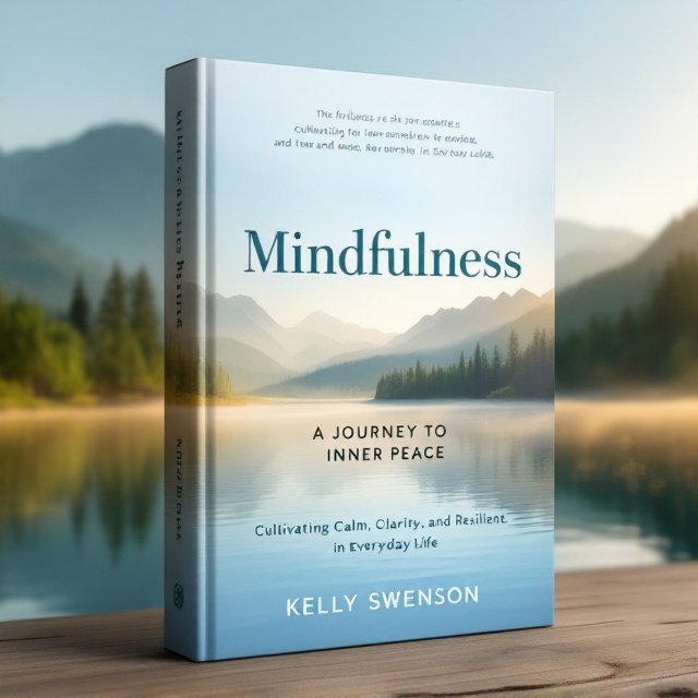 A serene landscape scene dominates the cover—a tranquil lake at sunrise surrounded by lush greenery, with gentle mist hovering over the surface. In the background, soft, rolling mountains dissolve into the horizon. The color palette is composed of calming blues, soft greens, and a touch of golden light. The title is centered in large, clean lettering, overlaying the sky portion, and delicate wave ripples in the lake subtly point the viewer’s attention inward.