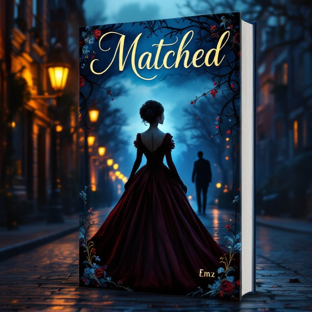 A regal-looking 1800s-styled female protagonist in an elegant Victorian gown, standing on a cobblestone street illuminated by flickering gas lamps under a moody, cloudy evening sky. A shadowy figure is partially visible in the background, adding mystery and suspense to the scene. The color palette leans towards deep midnight blues and rich burgundy, with soft, warm highlights from the gas lamps. Floral vines subtly curve along the edges, giving a romantic framing to the cover.