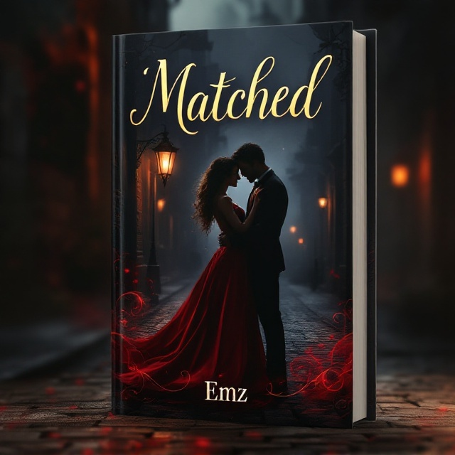 The cover features a shadowy cobblestone street illuminated by a flickering gas lamp, hinting at an 1800s setting. In the foreground, a couple is shown mid-embrace, their bodies silhouetted but with rich, dark tones. The woman's scarlet gown flows dramatically, standing out starkly against the muted, misty background. The edges of the composition fade into shadows, creating an aura of mystery. A faint, swirling red mist envelops the bottom of the cover, symbolizing both romance and suspense.