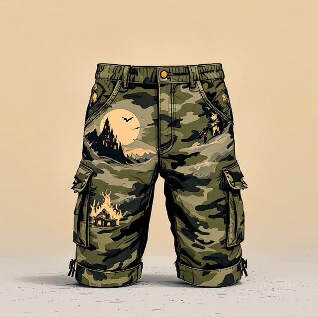 The focal element is a pair of camo cargo shorts, centrally placed, with intricate, surreal designs embedded on the fabric. The shorts feature a Warhammer-style orc wielding an AK-47 rifle on one pocket, a mountain range seamlessly blending into the other pocket, a burning haunted house glowing faintly across a leg seam, and a retro-styled spaceship zooming across the hemline. The background is neutral beige with a gradient transitioning to an eerie lavender sky, blending a sense of the mundane with the fantastical. Shadows and highlights make the shorts pop out slightly in 3D effect, while the objects on the shorts are drawn in a minimalistic, Vonnegut-style line art.