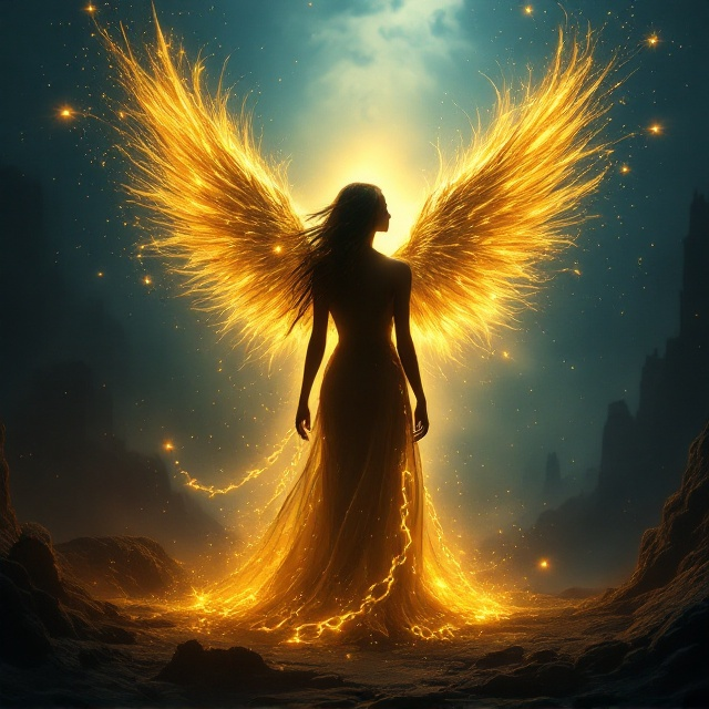 A hauntingly radiant silhouette of a young woman stands at the center, her body partially consumed by glowing golden chains that disintegrate into shimmering feathers. The wings that emerge from her back are layered in iridescent gold and fade into deep indigo, suggesting both freedom and danger. The background transitions from a stormy dark blue at the bottom to a glowing golden horizon at the top. Magic swirls — in the form of light and smoky textures — encircle her, creating a mesmerizing vortex. In the far background, faint shapes of crumbling towers and jagged landscapes hint at the perilous world behind her.