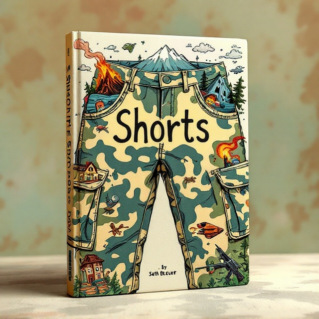 The cover showcases a pair of camo cargo shorts as the focal point, artistically illustrated in a whimsical and abstract Kurt Vonnegut-inspired style. Emerging from the pockets and surrounding the shorts are tiny, dynamic illustrations of miniature scenes a majestic mountain, a burning haunted house with swirling smoke, a vintage spaceship zooming away, and a Warhammer-style orc menacingly wielding an AK-47 rifle. The background is a textured pastel gradient, giving the cover a warm yet playful ambiance.
