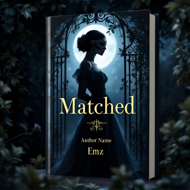 A mysterious, moonlit garden scene serves as the primary background, with lush vines curling around an ornate wrought-iron gate to suggest the 1800s. In the foreground, the silhouette of a confident, poised woman in a flowing period dress stands, her face partially obscured by a delicate lace mask, creating an aura of mystery. A faint glow surrounds her form, giving her an almost ethereal presence. Subtle images of a rose and a dagger are etched into the shadows of the foliage to subtly reference themes of romance and thriller. Soft, smoky hues of deep blue, silver, and muted gold dominate the palette, amplifying the sense of suspense and allure.