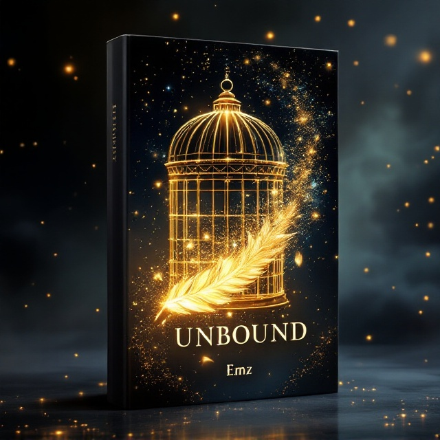 A large, glowing golden cage is disintegrating into shimmering particles of light. From the cage, a burst of iridescent magical energy escapes into the dark, ethereal background. The energy forms a trail of golden feathers, each glowing faintly with a magical aura, trailing off into the distance. The background is a blend of deep navy and black with swirling magical mists, emphasizing the fantastical theme.
