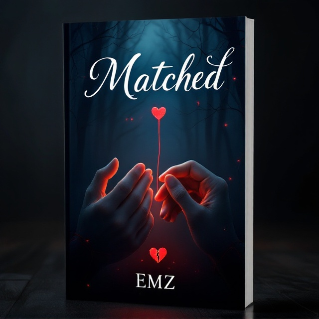 A deep, shadowy background with faint silhouettes of intertwining red threads weaving through a dark, misty forest. At the center, a close-up of two hands nearly touching yet separated by a single red thread tied around one finger, glowing faintly. Below the hands, an enigmatic broken heart fades into the background, half-hidden but visible upon closer inspection. Romance and suspense flair is added with subtle streaks of glimmer resembling tear trails.