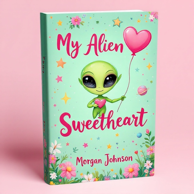 A vibrant pastel green background serves as the base, with a whimsical blend of stars, floating flowers, swirling galaxies, and colorful planets scattered across the cover. A cartoonish alien, bright green with oversized sparkling eyes and a cheeky smile, is centered, floating mid-air. The alien holds a heart-shaped pink balloon that subtly tilts to the side, adding a playful movement. The alien gazes upward, capturing curiosity and warmth. The title, "My Alien Sweetheart," is written in playful pink font with exaggerated loops and curls that reflect a youthful anime aesthetic, wrapping slightly around the figure of the alien. Beneath the alien and among the illustrated elements, delicate floral details intertwine with the galaxies, adding an element of romance and charm. The author name, "Morgan Johnson," is positioned at the bottom in a softer pink serif font, grounding the cover while balancing the whimsical top composition.