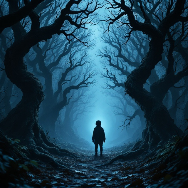 A dense, haunting forest with gnarled, grotesque trees that twist into unnatural shapes. The dark blue sky looms over, with faint streaks of mist swirling through the forest. In the background, a faint silhouette of a child stands just barely visible, shrouded in mystery, turned slightly away from the viewer. A faint glow comes from behind the child, casting elongated shadows that make the viewer feel on edge. The forest floor is scattered with dried leaves and hints of ominous claw-like roots creeping upward, all bathed in muted shades of dark blue and grey.
