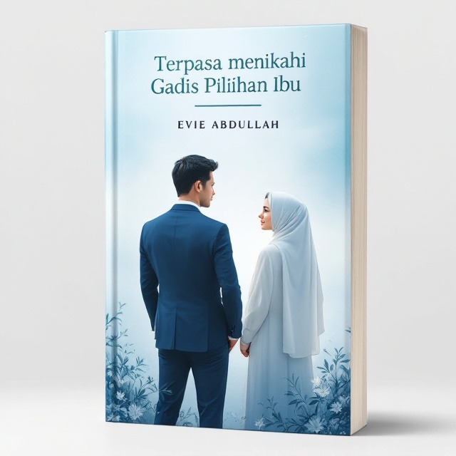 A melancholic yet aesthetically pleasing depiction of a well-dressed man in a sleek blue suit and a modest young woman in an elegant white hijab, both facing away from each other. A soft gradient background blending shades of blue and white conveys a somber yet serene emotion. Subtle floral motifs or patterns run across the lower thirds of the design, adding depth and an element of refinement. The man stands in the foreground, with a slightly blurred outline of the woman behind him, reinforcing a sense of disappointment and emotional distance.