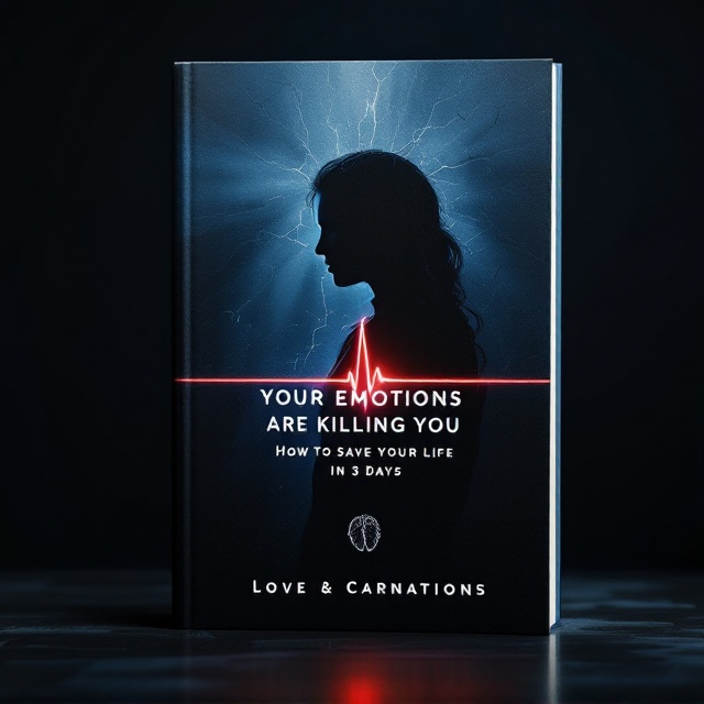 A dark gradient transitioning from deep blue at the top to black at the bottom invokes a sense of depth and introspection. In the center, a human silhouette with beams of light breaking through cracks signifies emotional struggle and healing. A thin, glowing heartbeat line streaks horizontally across the midsection of the cover, symbolizing life hanging by a thread. Subtle, translucent diagrams of a brain and heart are positioned in the background, blending into the gradient.