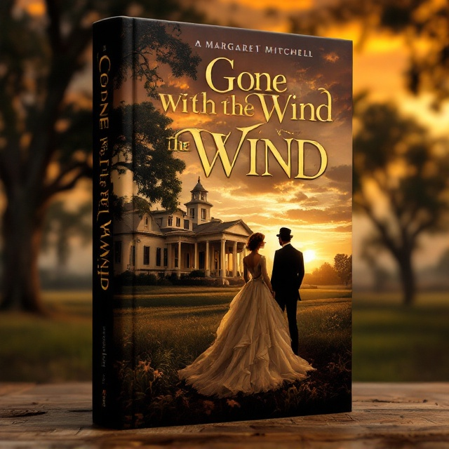 The cover features a sprawling Southern plantation at dusk, with a dramatic sunset of golds, deep reds, and oranges. The plantation has prominent white-columned architecture surrounded by sweeping fields, tall oak trees, and delicate Spanish moss. In the foreground, there’s a striking silhouette of Scarlett O’Hara in an elegant, flowing, 1860s gown, her posture hinting at confidence and resilience. To her side, but slightly behind, stands Rhett Butler in a tailored, period-appropriate suit. Their body language conveys both attraction and unspoken tension. The sky fades into warm gradients of color, with a focus on the dramatic light enhancing the nostalgic atmosphere.