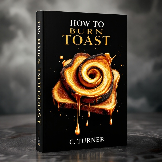 The cover features a surreal close-up of intricately burnt pieces of toast, plated on a jet-black surface with a splash of liquid gold dripping onto the edges of the toast. The pieces form a subtle spiral-like vortex, their charred textures contrasting vividly with the glossy gold element. There is a minimalist and abstract smoky texture in the background, fading into the edges, creating a sense of despair and hope.