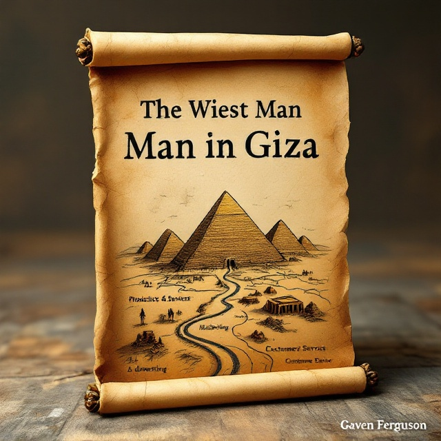 The cover features an ancient papyrus scroll elegantly unfurled across the front, with a hand-sketched map of Giza. The map has intricate, soft pencil-like detailing of the iconic pyramids, and at the very center, a large triangle-shaped pyramid stands out, symbolizing the focal point of success. The roads branching from the pyramid and labeled “Products & Services,” “Marketing & Advertising,” and “Customer Service” appear as winding, hand-drawn lines. The backdrop gives the texture of aged parchment with burnt golden hues, radiating warmth and timelessness.
