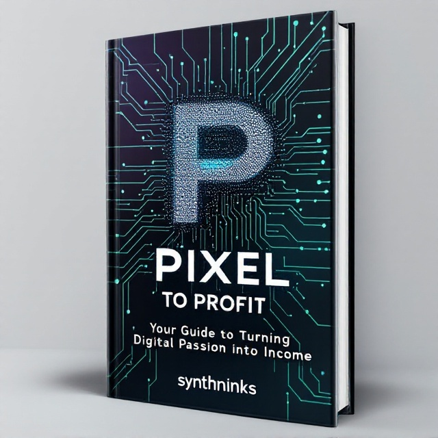 A clean, modern, digital-themed design. The background consists of interconnected pixelated patterns in gradient shades of blue and green, symbolizing the roots of digital work. In the center, a bold, oversized "P" made from shimmering circuitry overlays the pixelated design, visually blending "Pixel" and "Profit.".