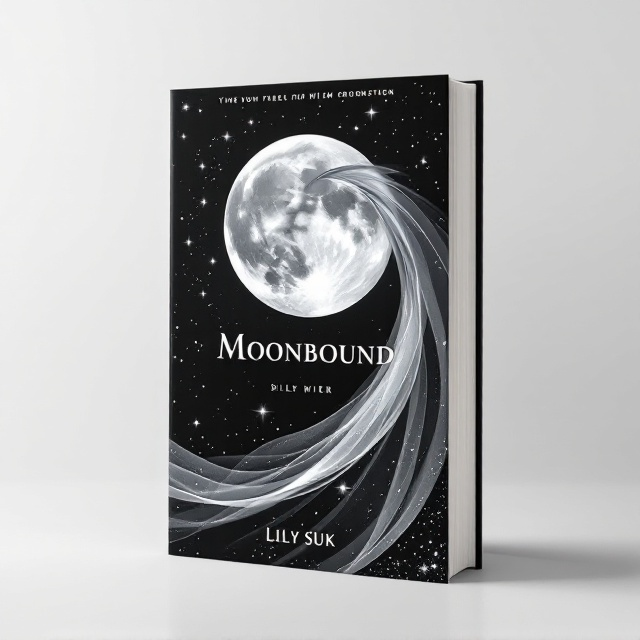 A dark, starry black background covers the majority of the canvas with the silver full moon positioned prominently in the upper center. A graceful silver moon rabbit is artfully illustrated, integrating soft curves and ethereal details. The moon rabbit is partially hidden behind a flowing silver veil that drapes across the cover, giving it a layered and mysterious effect. The veil appears semi-transparent, allowing glimpses of silvery stardust to shine through.