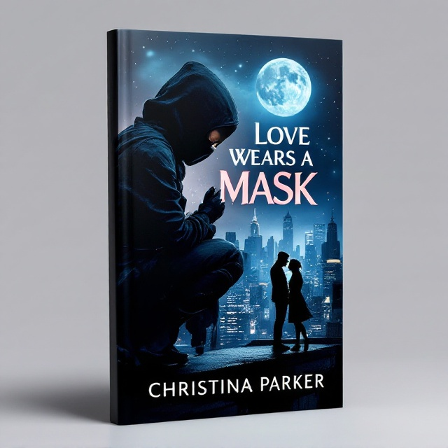 A striking, mysterious cover featuring the silhouette of a female ninja crouched on the edge of a rooftop in the foreground, partially shrouded in shadows. Her concealed identity is emphasized by a sleek black mask. In the distance, a glittering city skyline under a starry, moonlit sky conveys an air of both romance and danger. Overlaying the skyline is a faint, black silhouette of two lovers about to kiss, blending seamlessly into the background to symbolize concealed love and the suspense-laden romance. The color palette is deep blacks, vibrant midnight blues, and hints of crimson for a passionate touch.