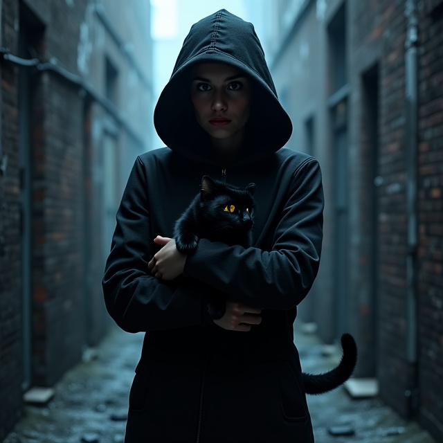 The cover features a shadowy figure of a woman standing in a dark alley. Her face is hidden beneath a large black hood, adding an air of mystery and tension. She cradles a sleek black cat to her chest, its glowing yellow eyes piercing through the darkness. The background fades into a gradient of grunge textures—blacks and deep grays—suggesting suspense and danger. The scene is dimly lit with a faint, eerie bluish glow, as if illuminated by distant, unseen streetlights. Subtle, ghostly wisps of mist curl around her feet and across the alley, enhancing the ominous vibe.
