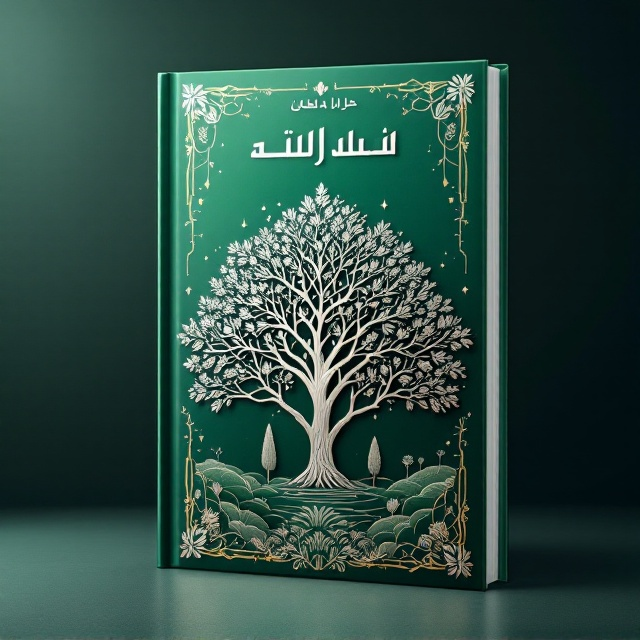 A serene green background blended with metallic silver gradients, forming a luminous and modern feel. Centered is a stylized silhouette of a large tree, surrounded by smaller trees, shrubs, and geometrically arranged floral patterns, rendered in intricate silver line art. Soft shadows and highlights create depth, while abstract leaf patterns subtly fill negative spaces for added texture.