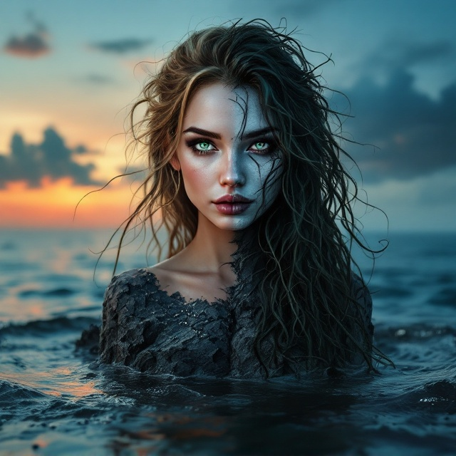 The cover features the cursed mermaid perched on a jagged, dark rock in the middle of a dreamy, twilight-lit ocean. The left half of her face radiates beauty, with glistening, radiant skin, luminous green doe eyes, and flowing golden hair that shines despite the dim light. The right half is distinctly grotesque, with rough, scaly grey skin, hollow siren eyes, and jagged seaweed entangled in dark, stringy hair. The ocean background transitions from a serene, pastel-hued sunset horizon on the left to a stormy, foreboding sky on the right, mirroring the duality of the protagonist's curse. The cursed rock is bathed in faint moonlight, giving the scene an ethereal glow.