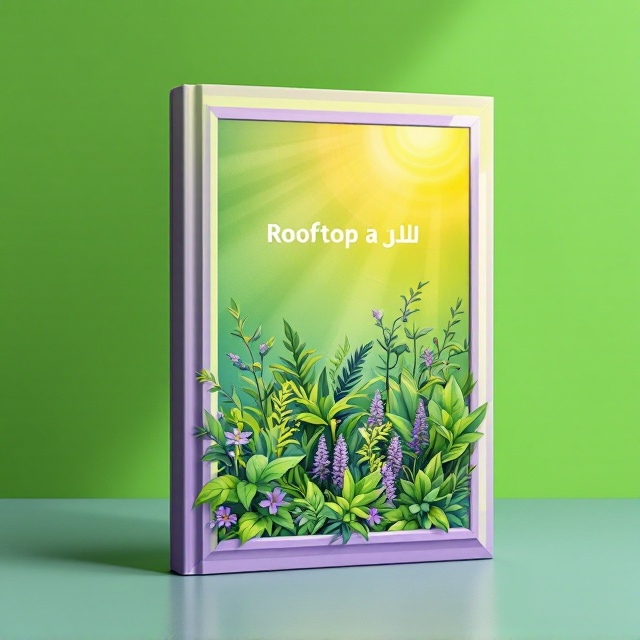 A lush green rooftop garden illustrated in fine detail occupies the majority of the cover, featuring various types of greenery and some purple flowering plants. A dynamic swirl of yellow sunlight weaves through the plants, symbolizing innovation and life. The background is a gradient of green transitioning to yellow, creating a vibrant sense of growth and energy. A sharp geometric frame with purple edges surrounds the illustration, blending modernity with natural design principles.