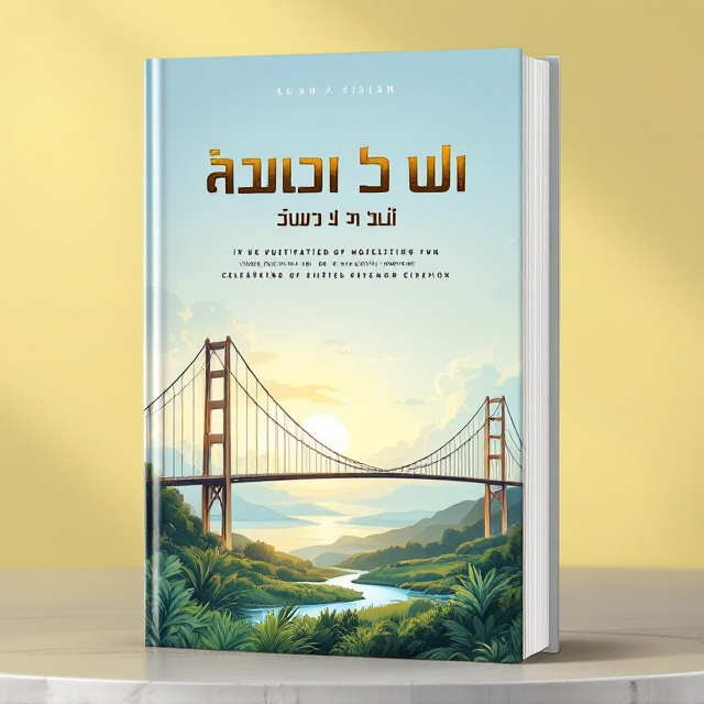 A serene illustration of a long, elegant bridge sweeping across a lush green landscape. The bridge is depicted using elements of metal and concrete textures to symbolize modern construction materials. The background showcases a subtle gradient sky transitioning from soft blue to golden hues of sunset, adding warmth and harmony with nature. Small elements like flowing water under the bridge and shadow play emphasize the connection to the natural world.