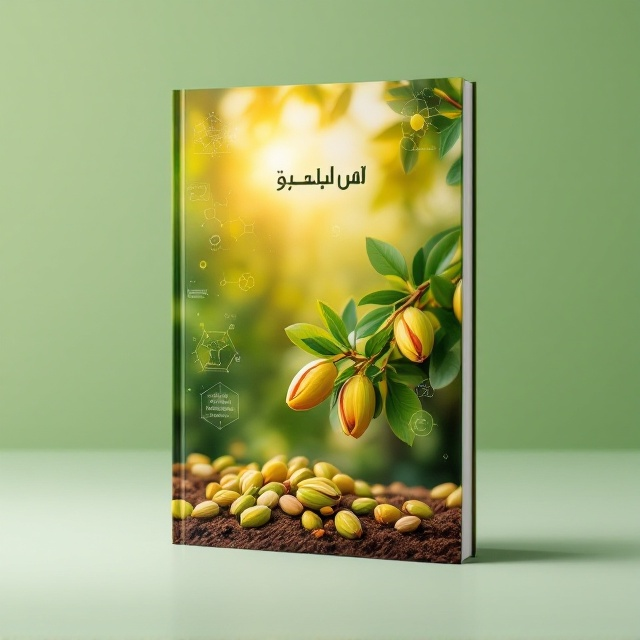 A vibrant blend of green and gold hues, depicting a pistachio orchard under a golden sunrise. In the center, a close-up of a pistachio branch loaded with ripened nuts contrasts against a blurred background of trees and soil. Subtle, scientific diagrams of pistachio growth or a molecular structure are faintly overlaid in corners for a science and technology touch.