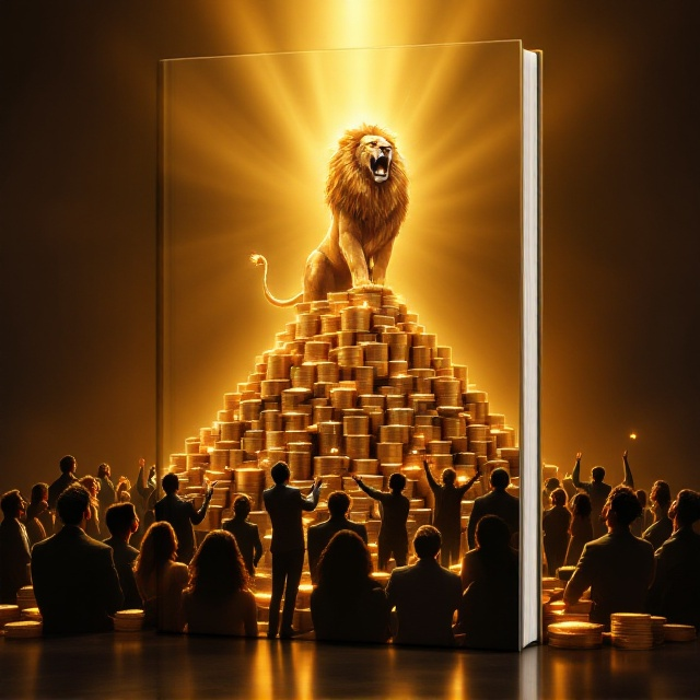 A majestic golden lion is depicted mid-roar at the top of a glowing pile of neatly stacked currency (a mix of bills and coins with a universal look). Surrounding the base of the pile are silhouettes of diverse, well-dressed people gazing up at the lion in awe, their faces expressing admiration and inspiration. The background is a gradient of deep gold at the top fading into rich black near the bottom, giving a sense of luxury and power. Light rays emanate from behind the lion to create a radiant, spotlight effect, further enhancing its presence.