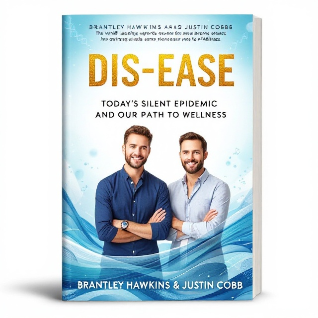 The book cover features a professional, high-resolution photo of Brantley Hawkins and Justin Cobb standing side by side, exuding confidence and warmth. The background is a subtle gradient transitioning from a serene, rich blue at the top to a clean white at the bottom, with flowing abstract wave patterns symbolizing vitality and interconnectedness. Faint elements such as a transparent DNA helix and anatomical line art are subtly integrated into the background for a modern, science-inspired feel. The title "Dis-Ease" is displayed in bold, gold foil lettering at the upper center of the cover to ensure prominence. The subtitle, “Today’s Silent Epidemic and Our Path to Wellness,” is positioned directly below the title using clean sans-serif text in a harmonious silver tone. The authors' names appear near the bottom in understated yet professional typography, with the tagline, “The World’s Leading Experts Reveal Their Secrets to Sustainable Health and Outperforming Your Age,” placed elegantly below the names in a smaller font. The ND Wellness logo sits subtly in the lower-right corner, tying in seamlessly without overpowering the design.