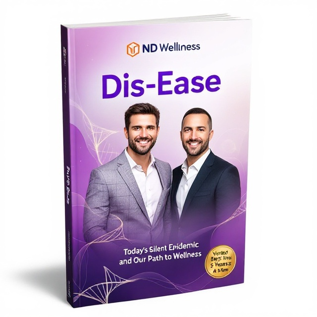 A unified, clean design with the professional photos of Brantley Hawkins and Justin Cobb positioned side-by-side near the center, radiating confidence and approachability. Behind them is a soft-gradient background transitioning from rich purple in the corners to clean white in the center. Abstract, flowing lines emanate outward from the duo, subtly referencing interconnectedness and wellness. A faint DNA helix pattern weaves through the lower half of the background to symbolize science and health. The ND Wellness logo sits subtly in the top-left corner, while a glowing badge at the bottom-right reads “Voted Best in Wellness 5 Years in a Row.”.