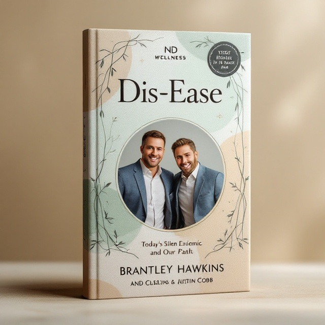 A central, professional photo of Brantley Hawkins and Justin Cobb, framed with soft, flowing abstract lines that resemble roots or veins, connecting with subtle leaf motifs and geometric patterns. The background features a textured gradient of soft sage green fading into sandy beige, with hints of an organic woodgrain finish. A faint overlay of anatomical line art weaves through the composition, adding depth without distracting from the authors' photo. Small, minimalist light flares add warmth to the overall design. The ND Wellness logo is subtly placed in the bottom left corner, blending into the background while still remaining visible. A clean emblem reading "Voted Best in Wellness 5 Years in a Row" is subtly placed in the upper right corner.
