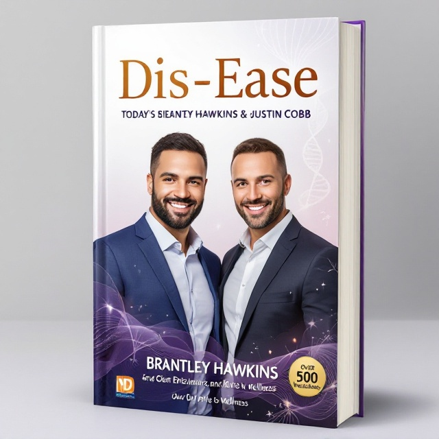 A clear and professional photo of Brantley Hawkins and Justin Cobb together is prominently placed in the center of the cover, exuding confidence and warmth. The background features a subtle gradient from white to deep purple, overlaid with faint flowing lines reminiscent of energy waves and a translucent DNA helix. Delicate natural patterns, such as leaf veining, are subtly intertwined in the lower right corner, symbolizing holistic health. A small gold badge in the bottom-left corner reads “Over 500 Publications Nationwide.” The ND Wellness logo is subtly placed in a corner without detracting from the design.