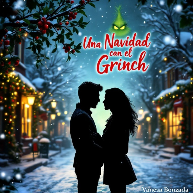 standing book mockup, Its title is "una navidad con el grinch". Its author name is Vanesa Bouzada.  A snow-filled small town street at night, decorated with glowing Christmas lights and garlands of red and green. In the foreground, a silhouette of a couple standing under mistletoe, their forms almost touching but face-to-face in a moment of tension and longing. Behind them, the Grinch’s mischievous glowing yellow eyes peek through the branches of a Christmas tree partially visible in the top corner. Snowflakes cascade softly across the scene. Elegant yet playful script font for the title, "Una Navidad con el Grinch," in a bold red color with a subtle green shadow effect. The author name, "Vanesa Bouzada," in a clean sans serif typeface beneath the title in white with slight spacing for elegance., The couple is centered, with the title positioned above them. Snowflakes form a natural frame along the edges of the book. The Grinch’s eyes are placed discreetly in the top-right corner to balance the elements. The author's name is situated at the bottom, leaving plenty of negative space for aesthetic balance.