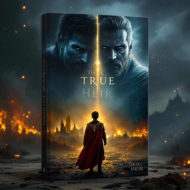 A dramatic scene fills the cover – a shadowy battlefield encapsulates the struggle of two kingdoms. In the central foreground stands a young boy, Leo, wearing a gold and black tunic symbolizing his torn loyalties. Behind him, a faint silhouette of two kings – one glowering in disdain, the other looking sorrowful – looms large, interwoven with the backdrop of a burning castle and a starry, fantasy-filled sky. Streams of light cascade over Leo, symbolizing his inner struggles and choices, while faint images of Jordan's daughters subtly fan out like a protective aura around him.