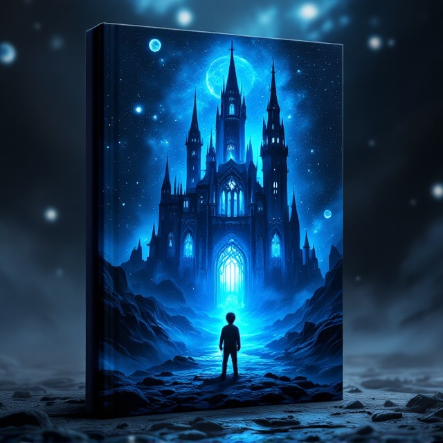 The cover illustrates a dark, ominous castle with towering spires glowing with a fluorescent blue aura against a starry, vast cosmic backdrop. The castle’s design is Gothic-inspired, giving it a mysterious and powerful aura. In the foreground, a boy is depicted from behind, standing on rocky terrain, staring up at the castle with determination. Surrounding the castle are smaller celestial objects, like glowing moons and nebulas, adding depth and sci-fi elements to the scene. Wisps of shadowy dark mist spiral around the bottom edges of the cover, hinting at danger.