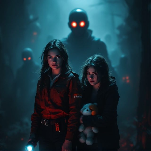 Three sisters stand in the foreground, forming a triangular composition. The eldest, dressed in a security uniform with a flashlight in hand, looks alert and determined. The middle sister, with a more neutral expression, hovers protectively near the youngest, who clutches a stuffed toy, visibly trembling with fear. Behind them, the background transitions into a dimly lit, eerie amusement park scene with faint neon lights blinking faintly in the fog, hinting at the haunting atmosphere of Amiworld. Looming in the shadows, vague and menacing silhouettes of animatronic figures are barely visible, their glowing eyes piercing through the mist. The lighting is dramatic, creating high contrast between the sisters and the dark, ominous shapes in the background.
