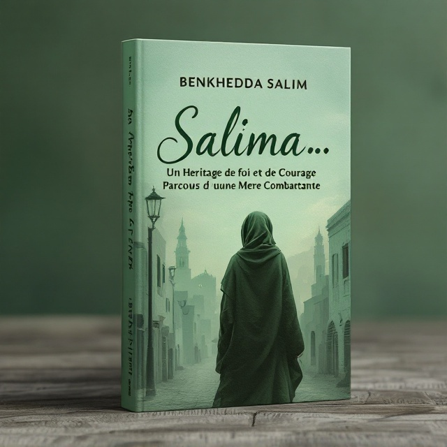 A dramatic portrayal of the Algerian Casbah in the background, painted in delicate shades of green with its iconic narrow streets and whitewashed walls. In the foreground, a somber yet fierce depiction of a mother is shown standing with soft contours, wearing a traditional Algerian garment, symbolizing resilience. To the top-right corner, a faint silhouette of a mosque’s minaret rises against the sky to emphasize faith. A subtle overlay of prison bars along the edges of the cover adds an ominous yet hopeful tone, symbolizing her detainment by French colonialists.