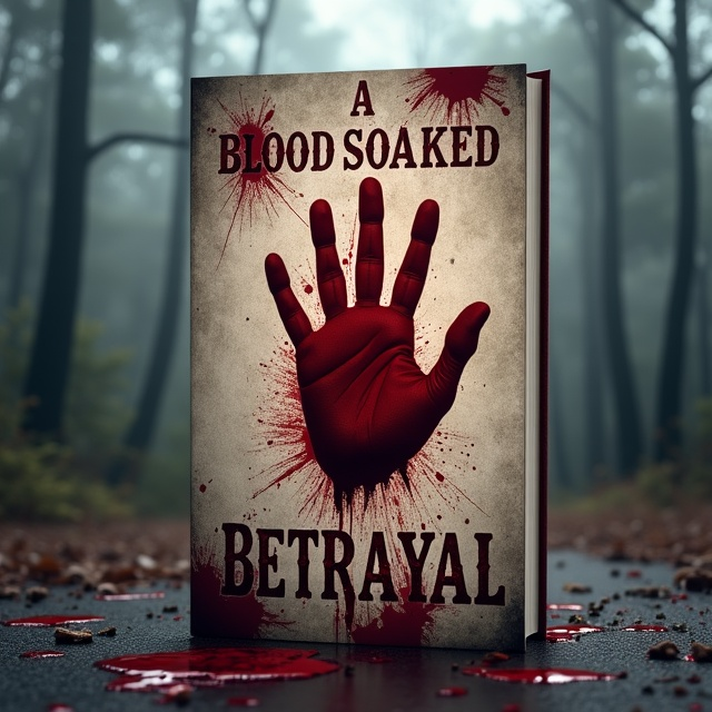 The cover features a blurry background resembling a foggy forest at dusk, with crimson stains splattered strategically across to resemble blood. At the center, slightly out of focus, there’s the faint outline of a handprint smeared with blood, symbolizing betrayal. The entire image is desaturated with muted tones, except for the striking blood red that commands attention.