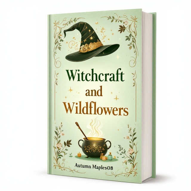 A light green background with an ethereal glow, featuring a gold-and-black witch’s hat tilted playfully at the top center of the cover. Below it, a cauldron sits slightly to the left of the center, emitting soft, swirling trails of golden smoke that merge seamlessly into the title text. Interwoven throughout the design are delicate illustrations of lily of the valley flowers and small potion bottles, adding a whimsical touch. A wand is positioned diagonally near the title, pointing upward to draw the eye to the text.