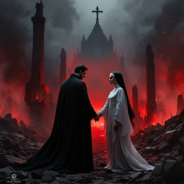 A stunning scene of a crumbled Catholic church in ruins, with a fiery red and black color palette dominating the background. In the foreground slightly offset to the side, a seductive yet solemn priest stands in a black cassock, ominously holding a cross. Standing opposite him is a fragile, angelic-looking nun, her delicate white habit partially torn, conveying vulnerability. Her hands are clasped in prayer, though her eyes hint at hidden longing. Surrounding them, faint smoke and ash rise into the gloomy sky, creating an air of forbidden desire amidst chaos.
