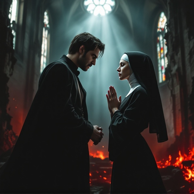 A dark and foreboding church interior, partially in ruins, stretches across the background. Shafts of light break through cracked stained-glass windows, casting dramatic beams onto the foreground. A seductively dark-clothed priest with sharp, defined features looms on the left, his expression a mix of desire and danger. Opposite him, slightly turned away but still visibly timid and vulnerable, is a nun in flowing black and white robes, clutching her hands to her chest as if in prayer or defense. The crimson hues of fire and destruction engulf the lower part of the background, symbolizing chaos and sin. The figures are positioned for tension—close but not touching—creating drama and sensuality.