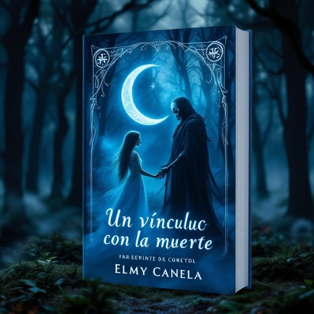 A dark, ethereal forest serves as the backdrop, with mist swirling at the ground level. In the center of the cover, there’s a young woman with long flowing hair, dressed in a pale blue dress that seems to glow faintly. Beside her stands the Angel of Death, a towering figure cloaked in black robes, his skeletal hand delicately touching hers. A faint blue aura surrounds them, representing the bond. Behind them, a crescent moon shines in the sky, with ornate mystical symbols subtly etched into its glow.