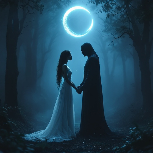 A dark and mysterious forest in the background, shrouded in mist. In the center, a radiant young woman of 19 wearing a simple yet ethereal white gown. She stands face-to-face with the angel of death, Azrael, whose towering figure is draped in a flowing black robe with glowing celestial blue tattoos. Their hands are almost touching, with wisps of magical energy swirling between their fingers, symbolizing the bond. Above them looms a faint ethereal scythe—a symbol of death—glowing faintly in white and pale blue, hovering like a crescent moon in the night sky.