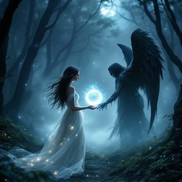 The cover displays a mystical, moonlit forest bathed in hues of white, black, and celestial blue. At the forefront, a young woman with flowing dark hair stands, her face partially illuminated by the pale moonlight. She is wearing a shimmering white gown with faint rune-like patterns glowing on its fabric, symbolizing magic. Opposite her, slightly shrouded in a halo of shadows, is Azrael, the angel of death. He is depicted with tall, imposing black wings that transition to blue near their edges, holding a scythe that emits a gentle, magical luminescence. Between the two figures lies a glowing orb, representing the bond of love and magic connecting them, surrounded by faint, wispy tendrils of mist.