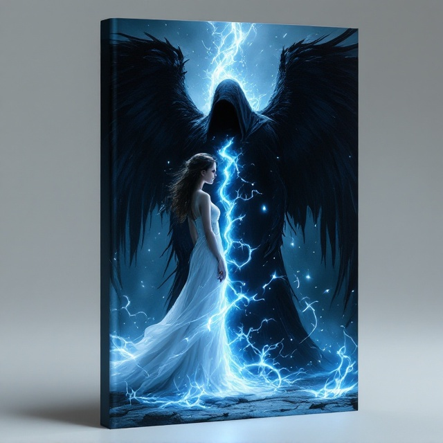 A dramatic, magical scene where a young woman of about 20 stands slightly to the left of the cover in a flowing, ethereal white dress, her face illuminated with eerie blue light. Opposite her, massive and imposing, stands Azrael—the Angel of Death—cloaked in shadows with black wings that fade into the cover's dark background. Between them, a translucent glowing cord of light (blueish-white with faint pulses of energy) stretches, symbolizing their bond. The background transitions from light at the bottom (hinting at magic and hope) to complete black at the top (suggesting death). Flames of soft, ghostly blue and abstract swirls of magical energy surround the two figures, emphasizing fantasy elements.