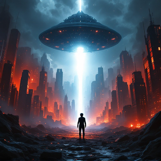 Alien spacecraft ominously hovering over a shattered cityscape. The city is bathed in a fiery red-orange glow, with rubble, toppled skyscrapers, and flickering lights creating a sense of utter destruction. The central focus is an alien silhouette, its figure shadowed and mysterious, standing amidst the chaos, with faint glowing motifs suggesting advanced alien technology. There's a sharp contrast between warm (red/orange) and cold (blue/black) tones, with a piercing white light cutting through the clouds above, hinting at something otherworldly and oppressive.