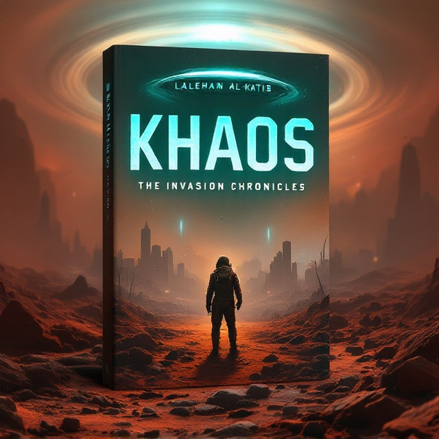 A vast, desolate landscape stretches across the cover, painted in hazy shades of dusty red and brown. The remnants of destroyed cities can be seen in the background, barely visible under an eerie, swirling alien sky. In the foreground, a lone figure in a tattered survival suit stands between jagged rocks, silhouetted against an ominous, hovering alien spacecraft emitting a pulsating, cold-blue glow. Subtle streaks of light cut across the cover, blending the dread-filled atmosphere with a faint glimmer of hope.