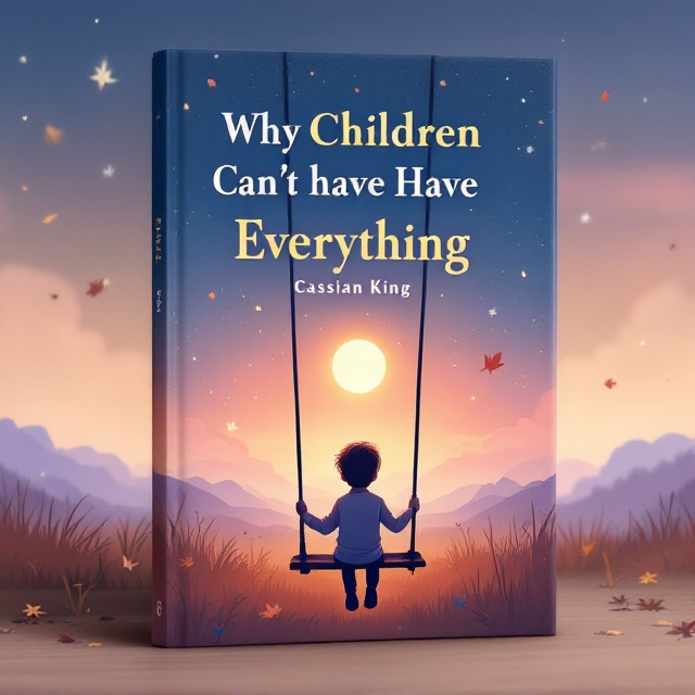 An illustrated scene of a child sitting on a swing at dusk in an open field. The child is looking toward a distant horizon where a large glowing star is visible, symbolizing aspirations, curiosity, and the understanding of balance. The background features soft pastel hues of orange, pink, and lavender blending into a dreamy twilight sky. A scattering of whimsical falling leaves is added to create a sense of process and contemplation, while a faint silhouette of a parental figure in the background conveys trust and sympathy.