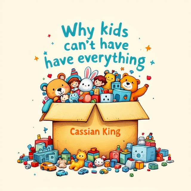 A clean, light background (such as soft beige or pastel blue) with a prominently-featured colorful box overflowing with a variety of toys—dolls, toy cars, building blocks, and stuffed animals. The toys are artistically scattered around the box, cascading onto the base of the composition. The illustration style is whimsical, using soft lines and textures with a hand-drawn, storybook feel. A subdued shadow effect adds depth. A subtle glow surrounds the toy box to emphasize focus.