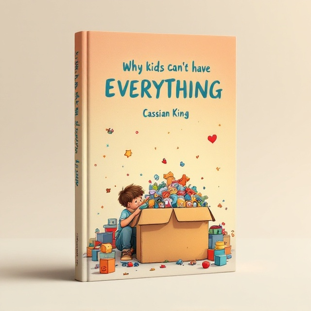An illustration of a kid sitting on the floor, looking wistfully at a large box overflowing with toys. The background transitions from a warm, sunset-like gradient at the top (suggesting emotions of love and reflection) to a cream-colored lower half (denoting simplicity and calm). The kid’s facial expression reflects curiosity and longing rather than sadness, while minimal cluttered toy outlines are scattered subtly across the bottom of the cover, fading into the background.